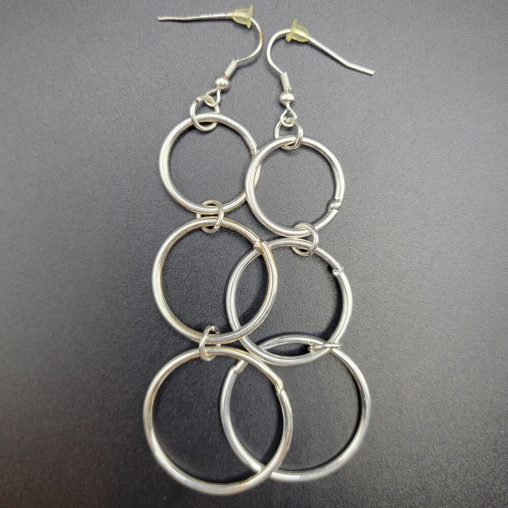 3" Long Triple Interlocking Hoop Drop Dangle Earrings Women Silver Tone Jewelry
